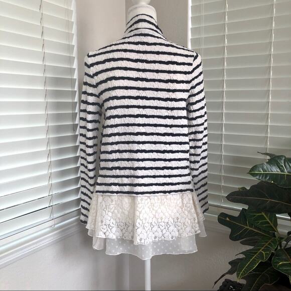 Anthropologie Cardigan Small Black White Stripe Lace Hem Textured Open Front - Picture 3 of 10